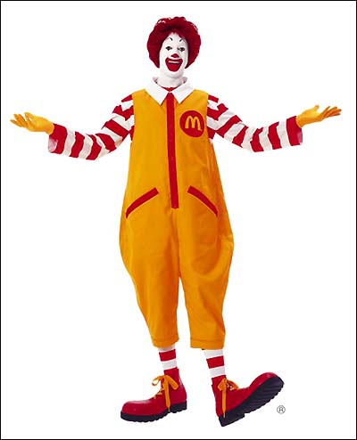 This photo released by McDonald's Corp. shows a familiar Ronald McDonald in his trademark yellow jumpsuit.  New ads for the Oak Brook, Ill.-based giant that will debut Friday, June 10, 2005, show a slimmer, sportier Ronald McDonald, the latest evidence that fast-food chain isn't clowning around about its image. (AP Photo/McDonald's Corp.) 